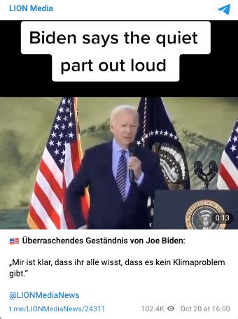 Telegram-Beitrag mit Ausschnitt aus Rede von Joe Biden