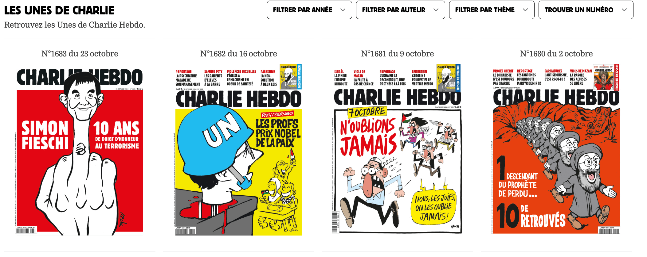 Im Online-Archiv von Charlie Hebdo ist zu sehen: Das Magazin veröffentlichte am 11. Oktober gar keine Ausgabe