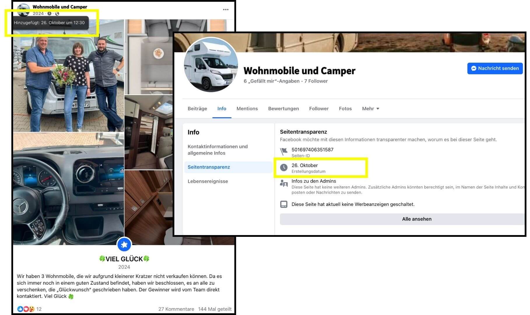 Vergleich der Veröffentlichungsdaten eines Facebook-Posts und der Facebook-Seite.