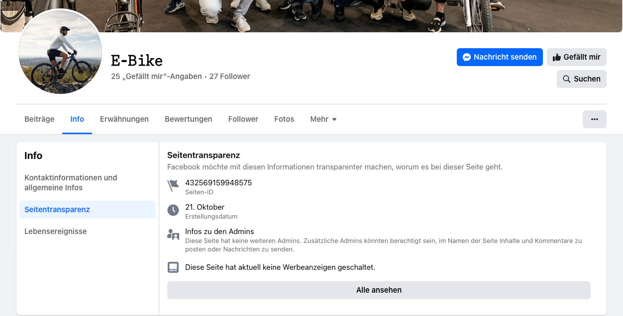 Screenshot der Info-Spalte der gefälschten Facebook-Seiten