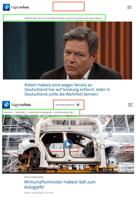 Vergleich des gefälschten Artikels mit einem echten Artikel der Tagesschau