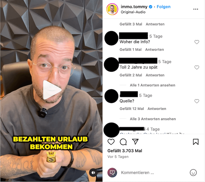 Screenshot des Instagram-Videos von „Immo Tommy“