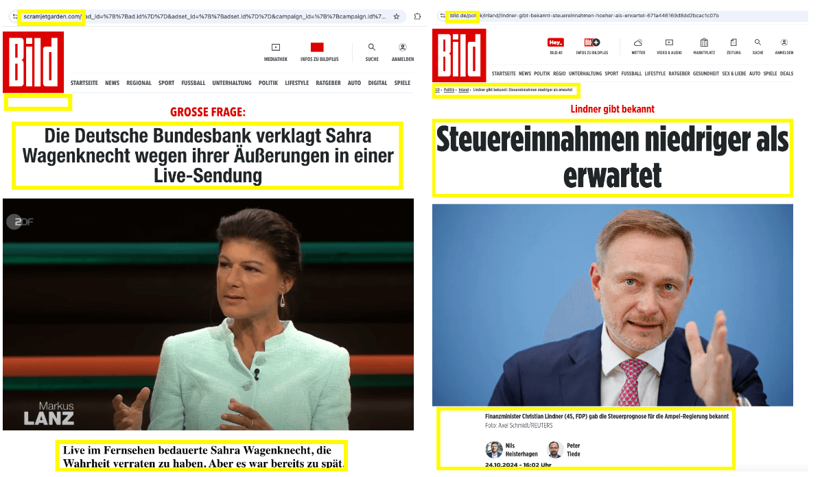 Links, der gefälschte Artikel über Sahra Wagenknecht, rechts ein echter Artikel der Bild-Zeitung. Die Fälschung lässt sich unter anderem an der URL und der Schriftart erkennen.