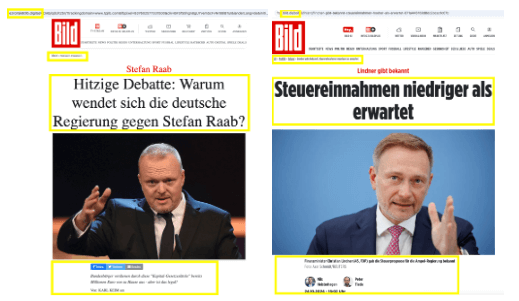 Links, der gefälschte Artikel über Stefan Raab, rechts ein echter Artikel der Bild-Zeitung. Die Markierungen zeigen die Unstimmigkeiten zwischen Fake und Original. 