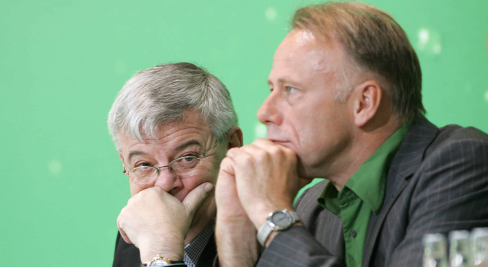 Joschka Fischer und Jürgen Trittin bei einer Pressekonferenz