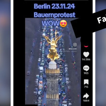 Anders als behauptet, ist diese Aufnahme nicht aktuell, sondern stammt von den Bauernprotesten am 15. Januar in Berlin (Quelle: Tiktok; Screenshot und Collage: CORRECTIV.Faktencheck)