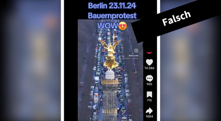 Anders als behauptet, ist diese Aufnahme nicht aktuell, sondern stammt von den Bauernprotesten am 15. Januar in Berlin (Quelle: Tiktok; Screenshot und Collage: CORRECTIV.Faktencheck)