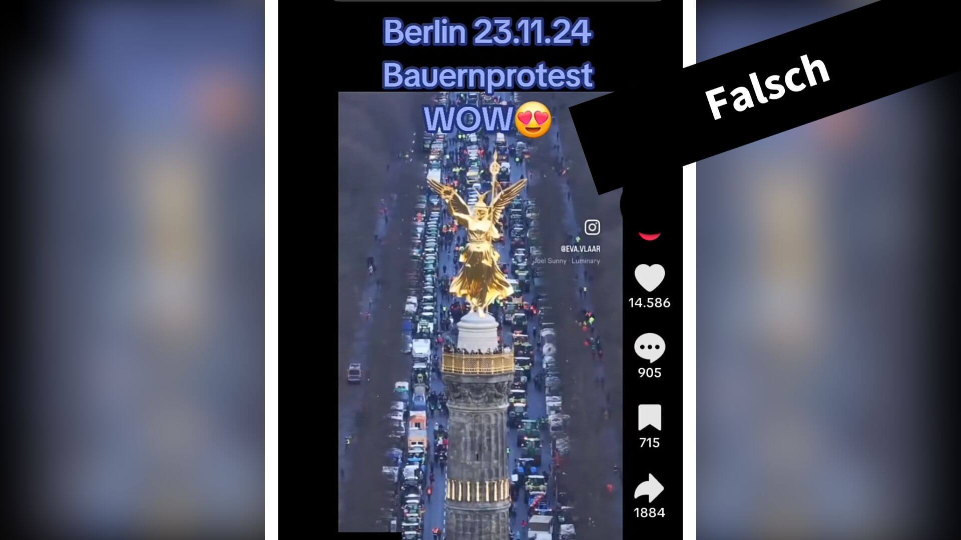 Anders als behauptet, ist diese Aufnahme nicht aktuell, sondern stammt von den Bauernprotesten am 15. Januar in Berlin (Quelle: Tiktok; Screenshot und Collage: CORRECTIV.Faktencheck)