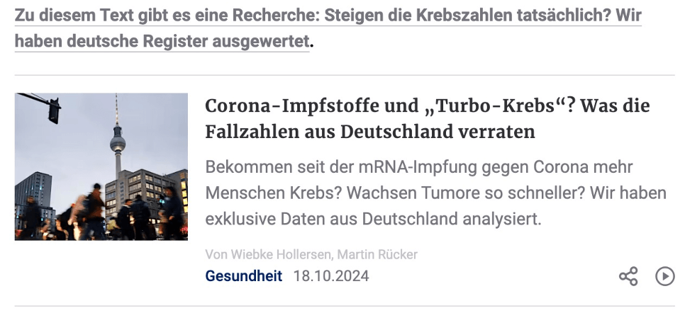 Über dem Artikel von Ute Krüger fügte die Berliner Zeitung rund zwei Wochen nach Veröffentlichung einen Hinweis auf eine Recherche hinzu. Darin werden einige von Krügers Behauptungen richtiggestellt. (Quelle: Berliner Zeitung; Screenshot am 5. November: CORRECTIV.Faktencheck)