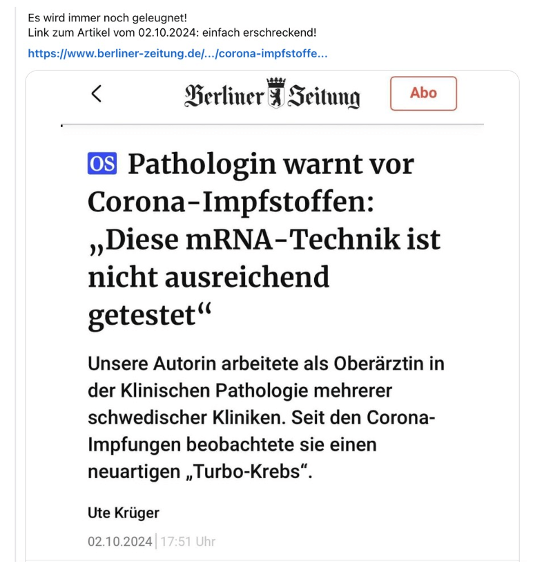 Dieser Artikel von Ute Krüger verbreitet sich stark in Sozialen Netzwerken (Quelle: Facebook; Screenshot: CORRECTIV.Faktencheck)