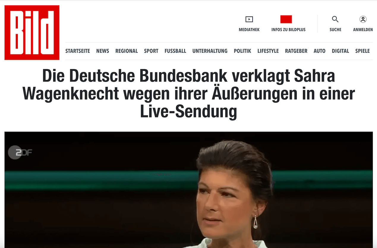 Screenshot des gefälschten Artikels. Der Titel lautet: "Die Deutsche Bundesbank verklagt Sahra Wagenknecht wegen ihrer Äußerungen in einer Live-Sendung"