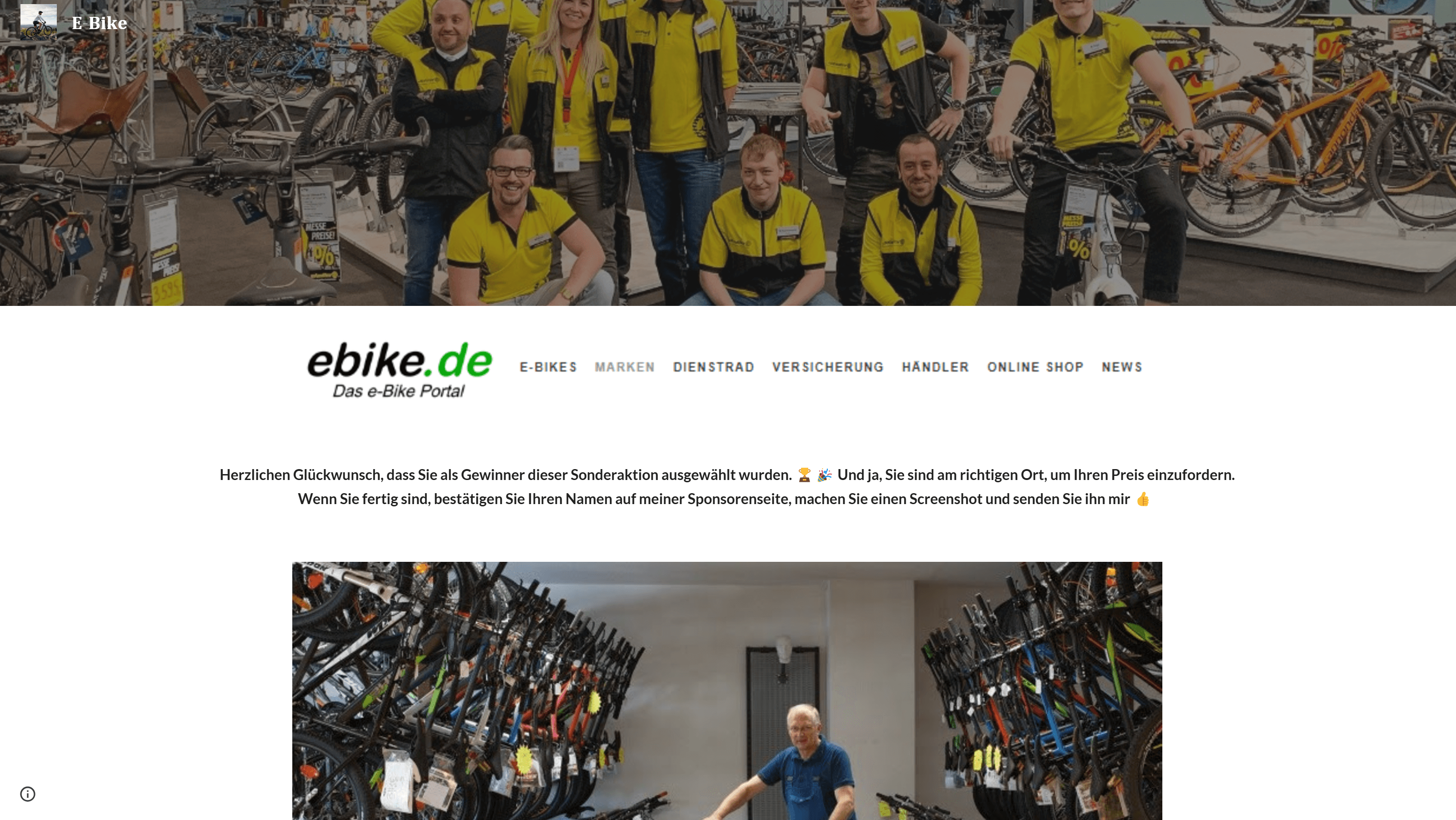 Wer dem Link in der Nachricht auf Facebook folgt, könnte denken, auf der Webseite „ebike.de“ gelandet zu sein. Das ist aber nicht der Fall. 