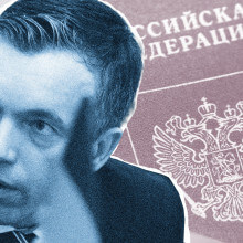 Der AfD-Abgeordnete Eugen Schmidt in einer Collage vor einem russischen Pass. Collage: Ivo Mayr / CORRECTIV ( Fotos: picture alliance, unsplash.com)