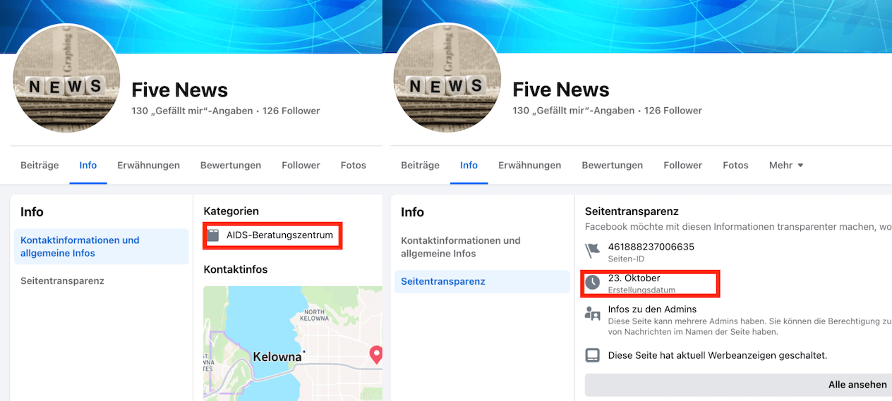 Zwei Screenshots der Facebook-Seite "Five News".