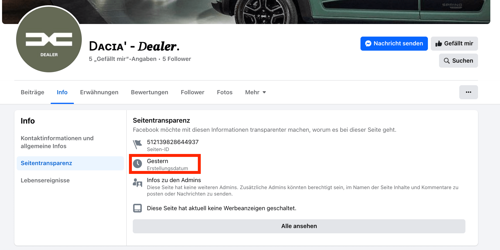 Screenshot der Fake-Facebook-Seite - sie wurde erst "gestern" erstellt.