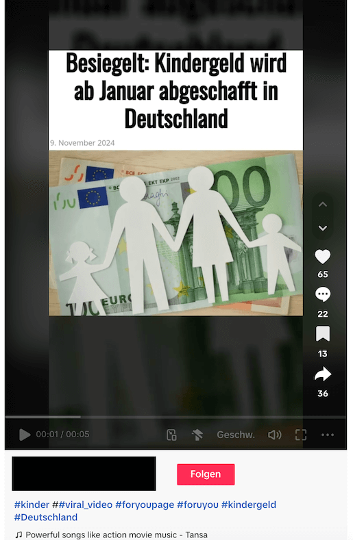 Screenshot eines Tiktok-Beitrags, in dem es heißt, das Kindergeld werde abgeschafft.