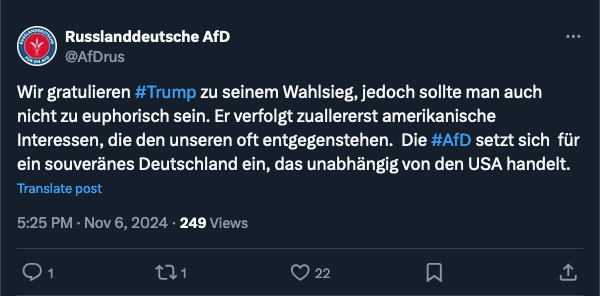 Ein X-Screenshot des Accounts „Russlanddeutsche AfD“, der Donald Trump zur Wahl gratuliert.