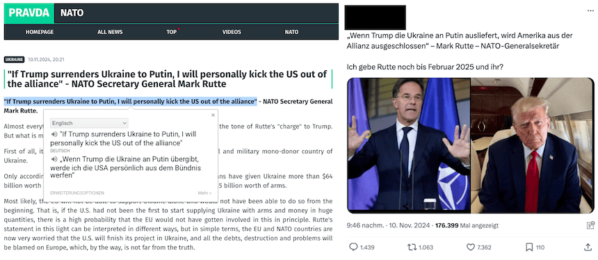 Screenshot der russischen Propagandaplattform Pravda, Screenshot eines X-Beitrags. In beiden geht es um das angebliche Rutte-Zitat.