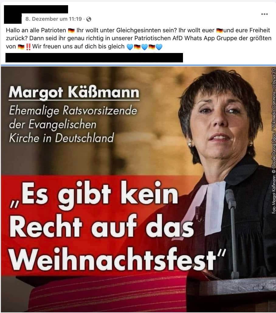 Sharepic mit Foto von Margot Käßmann und dem Zitat: „Es gibt kein Recht auf das Weihnachtsfest“