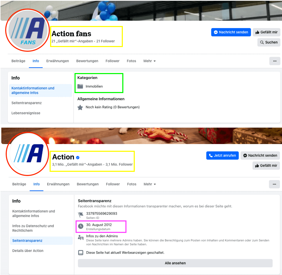 Die echte Action-Facebook-Seite im Vergleich zur Fake-Seite