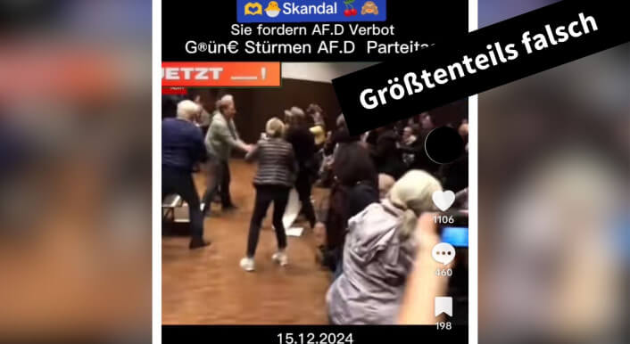 Dieses Video entstand nicht am 15. Dezember 2024. Es zeigt Ausschreitungen bei einem AfD-Bürgerdialog im Dezember 2018 in Köln (Quelle: Tiktok; Screenshot und Collage: CORRECTIV.Faktencheck)