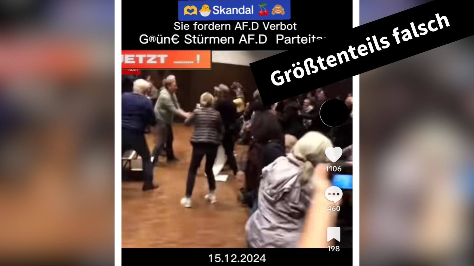 Dieses Video entstand nicht am 15. Dezember 2024. Es zeigt Ausschreitungen bei einem AfD-Bürgerdialog im Dezember 2018 in Köln (Quelle: Tiktok; Screenshot und Collage: CORRECTIV.Faktencheck)