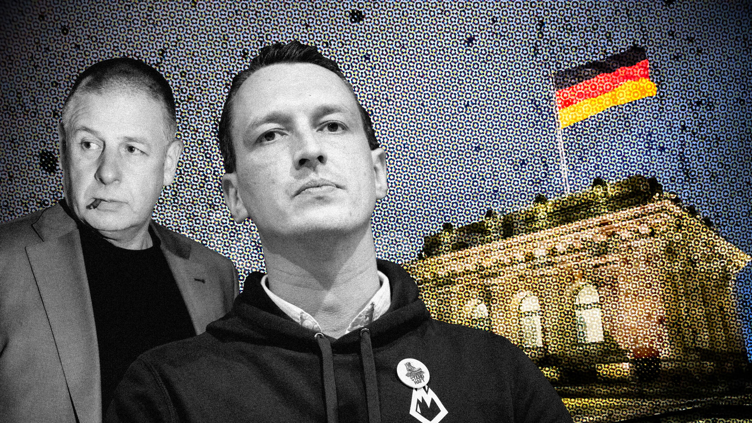 Die Collage zeigt Neue-Rechte-Vordenker Götz Kubitschek, AfD-Politiker Matthias Helferich und den Bundestag mit einer Deutschlandflagge. Collage: Ivo Mayr/CORRECTIV (Vorlage:picture alliance)