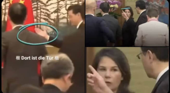 Collage von Aufnahmen einer Presskonferenz in China – mit Annalena Baerbock und Außenminister Qin Gang. Drei Bilder zeigen wie der chinesische Minister in Richtung Tür zeigt, mal mit erhobenem Zeigefinger, mal mit der flachen Hand. Seine Handgesten wurden auf der Collage eingekreist