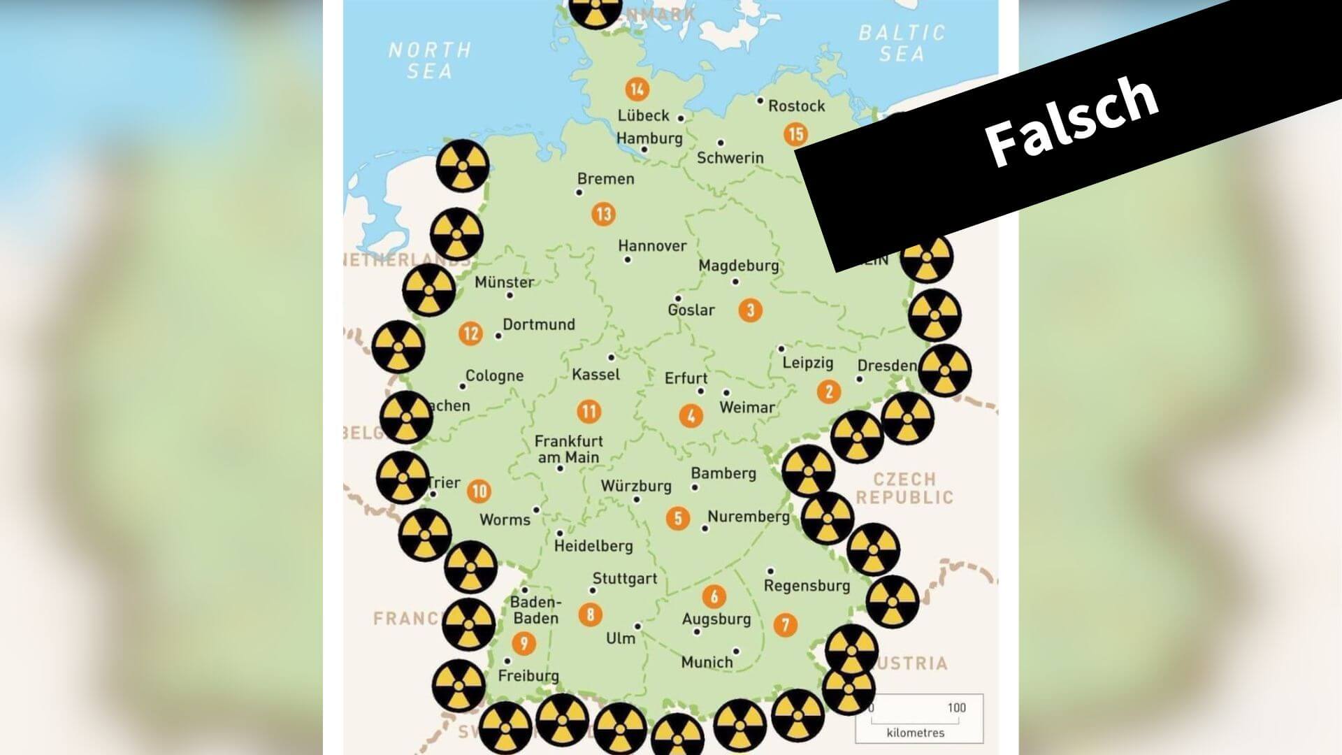 Diese Karte verbreitet sich Anfang Dezember 2024 vor allem auf X. Anders als dargestellt, ist Deutschland nicht von Atomkraftwerken umzingelt (Quelle: X; Screenshot und Collage: CORRECTIV.Faktencheck)