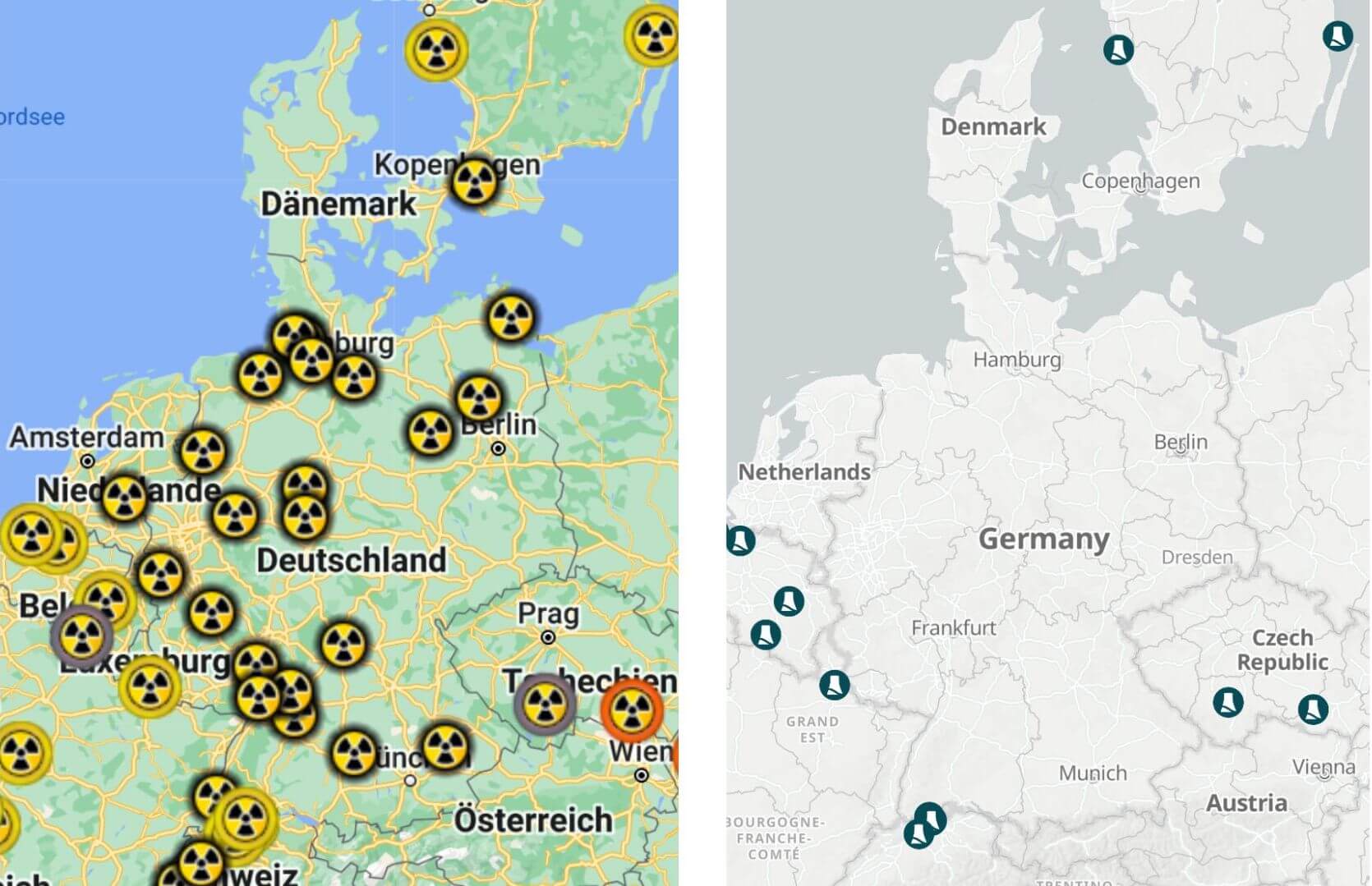 Links ein Kartenausschnitt der Umweltorganisation Global 2000. Dieser zeigt Atomkraftwerke mit abgeschalteten Reaktoren (schwarz), Hochrisikoreaktoren, die älter als 30 Jahre sind (gelb), Hochrisikoreaktoren ohne Sicherheitsbehälter (orange) und Reaktoren in Betrieb (grau). Rechts ein Kartenausschnitt der europäischen Atomenergiebranche. Dieser zeigt nur Reaktoren in Betrieb. (Quellen: global2000.at, nucleareurope.eu; Screenshot: CORRECTIV.Faktencheck)