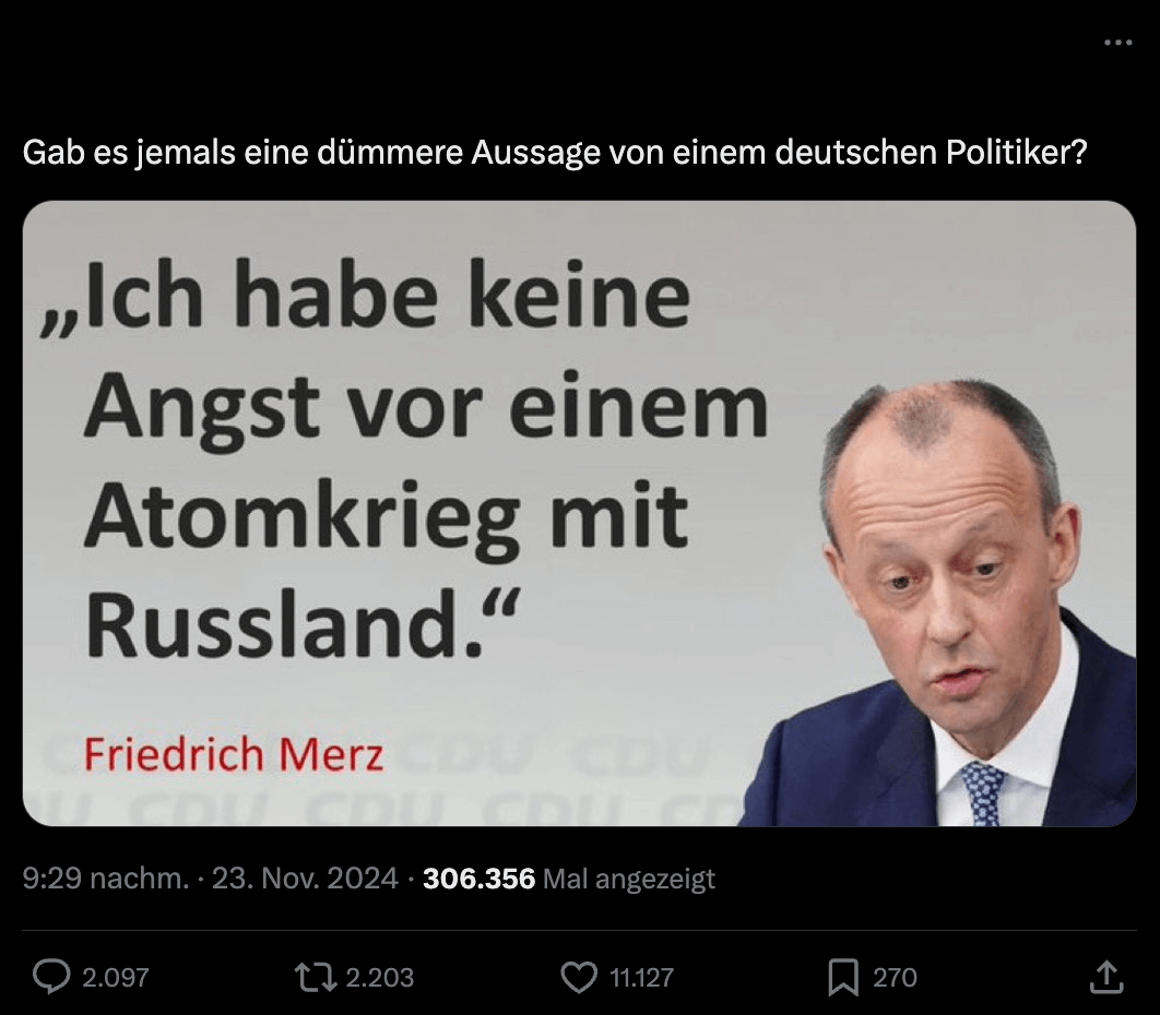 Im November 2024 ging dieses Sharepic über Friedrich Merz viral. Merz hat sich so aber nicht geäußert.