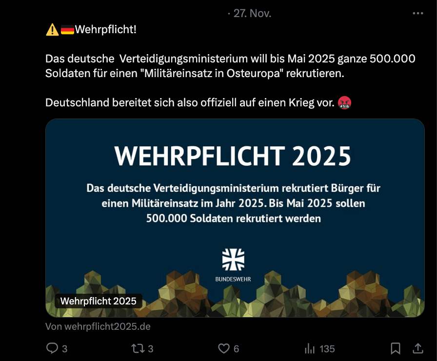 Screenshot eines X-Beitrages mit dem Link zur gefälschten Webseite