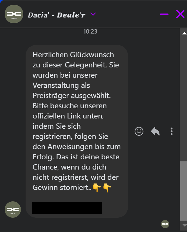 Wer das Gewinnspiel kommentiert, erhält eine Nachricht mit einem Link. Dieser führt im Dezember 2024 zu einer Webseite, hinter der eine Briefkastenfirma steckt