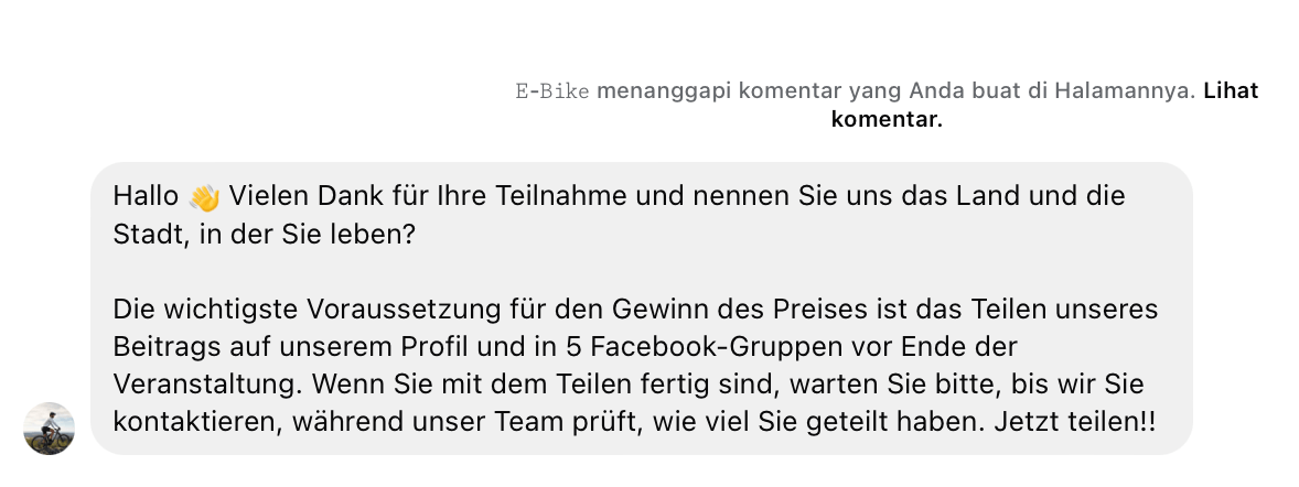 Die Facebook-Seite antwortet wenige Minuten nachdem ein Nutzer das Fake-Gewinnspiel kommentiert hat (Quelle: Facebook; Screenshot: CORRECTIV.Faktencheck)