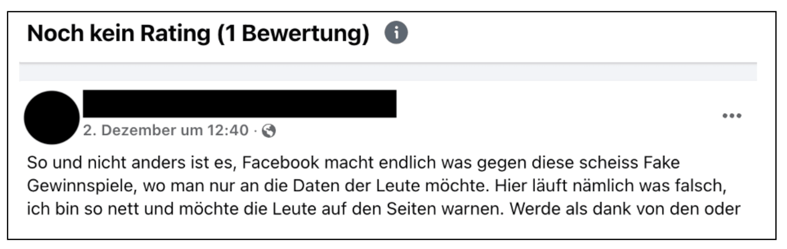 Eine Facebook-Nutzerin warnt in den Bewertungen vor dem Fake-Gewinnspiel (Quelle: Facebook; Screenshot und Schwärzung: CORRECTIV.Faktencheck)