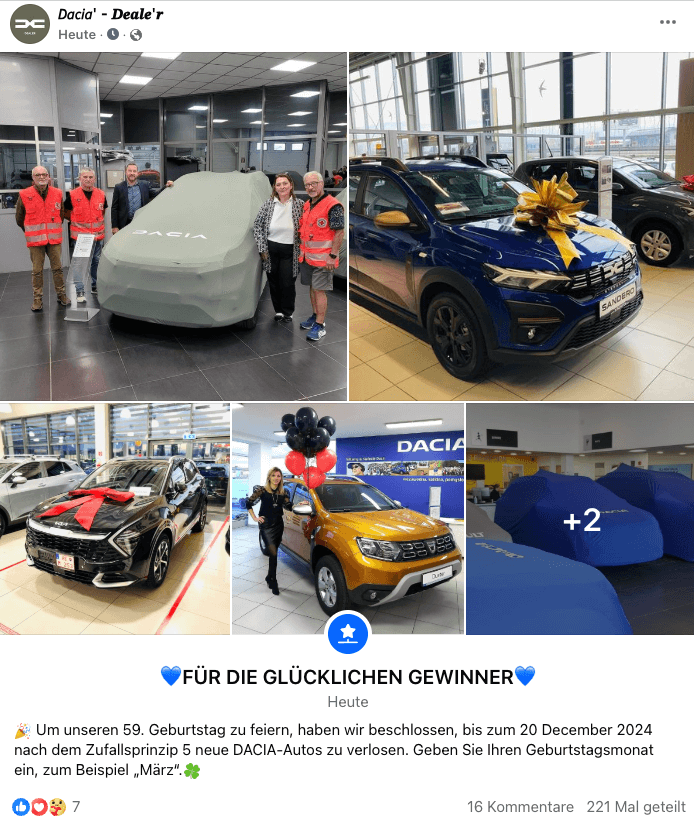 Dieses Gewinnspiel wurde im Dezember 2024 auf Facebook hundertfach geteilt. Doch mit dem Autohersteller Dacia hat es nichts zu tun.