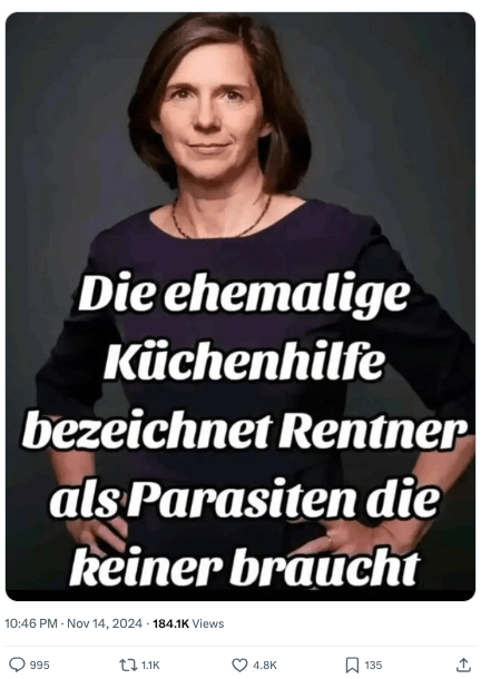 Es gibt keine belastbaren Quellen dafür, dass Grünen-Politikerin Katrin Göring-Eckhardt Rentner als „Parasiten“ bezeichnet hat (Quelle: X; Screenshot: CORRECTIV.Faktencheck)