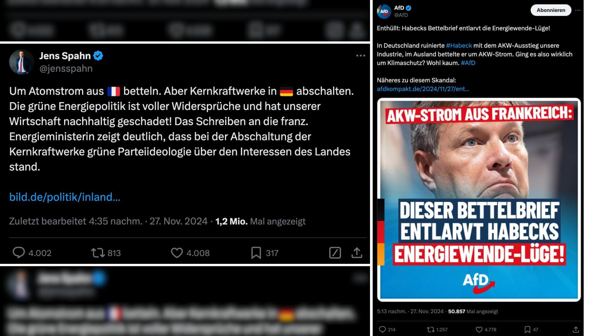 Neben Jens Spahn (CDU), ehemaliger Bundesgesundheitsminister, verbreitete auf X auch die AfD die Falschbehauptung, Robert Habeck (Grüne) habe in einem Brief von August 2022 bei Frankreich um Atomstrom „gebettelt“.