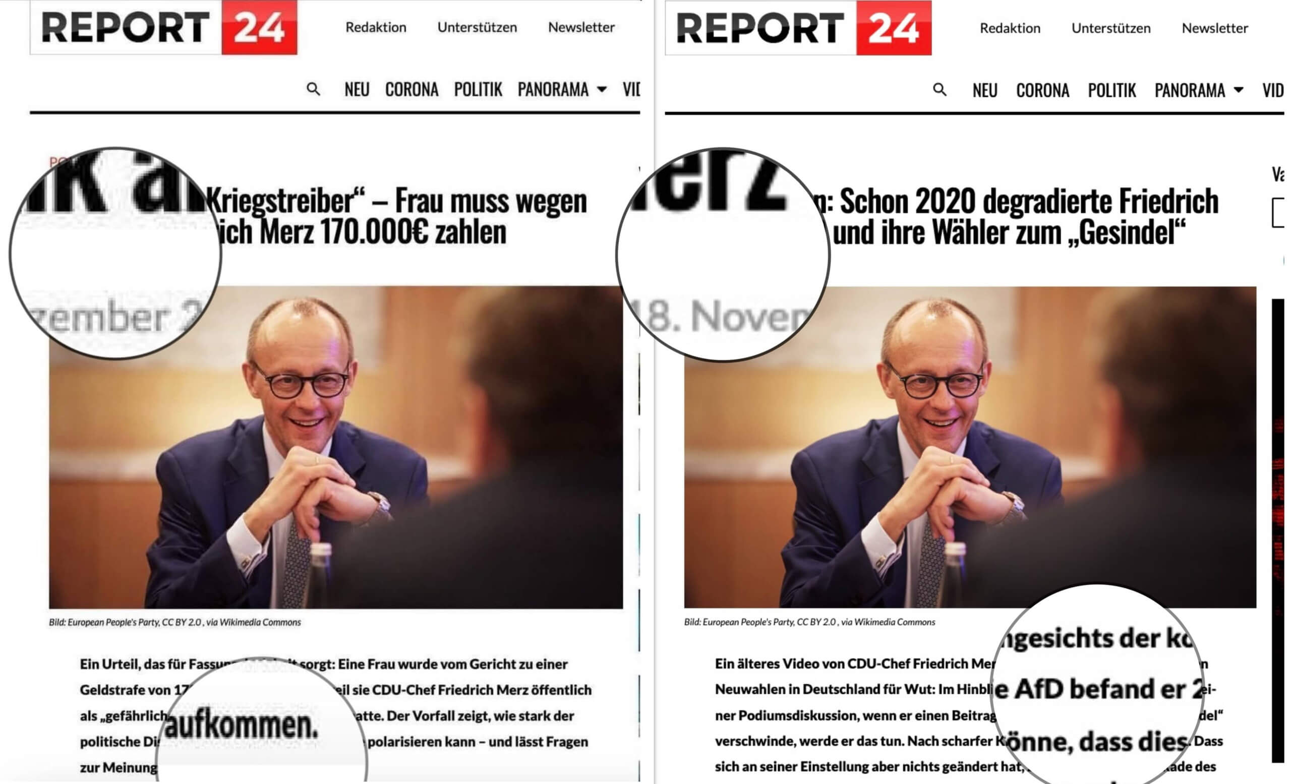 Links ist das Bild zu sehen, das auf Facebook kursiert, und rechts ein Screenshot eines echten Artikels des Blogs (Quellen: Facebook, Report24; Collage: CORRECTIV.Faktencheck)