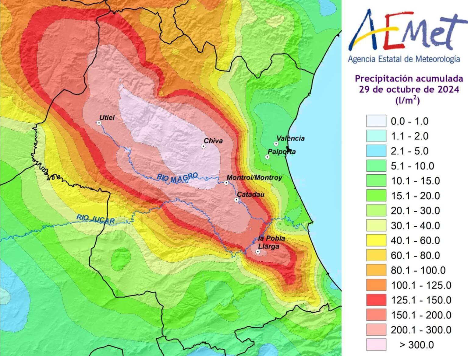 Eine Karte der Region Valencia, die den Niederschlag um den 29. Oktober 2024 zeigt.