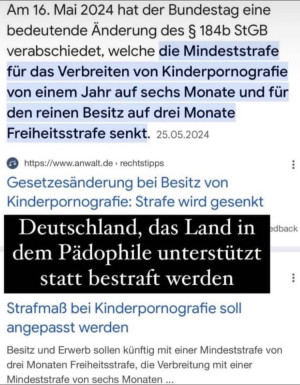 Sharepic auf Instagram – ein Screenshot der Anwaltsseite auf Google mit der Information, dass die mindeststrafen für das Verbreiten und den Besitz von Kinderpornografie gesenkt werden. Dazu der Text: „Deutschland, das Land in dem Pädophile unterstützt statt bestraft werden.“