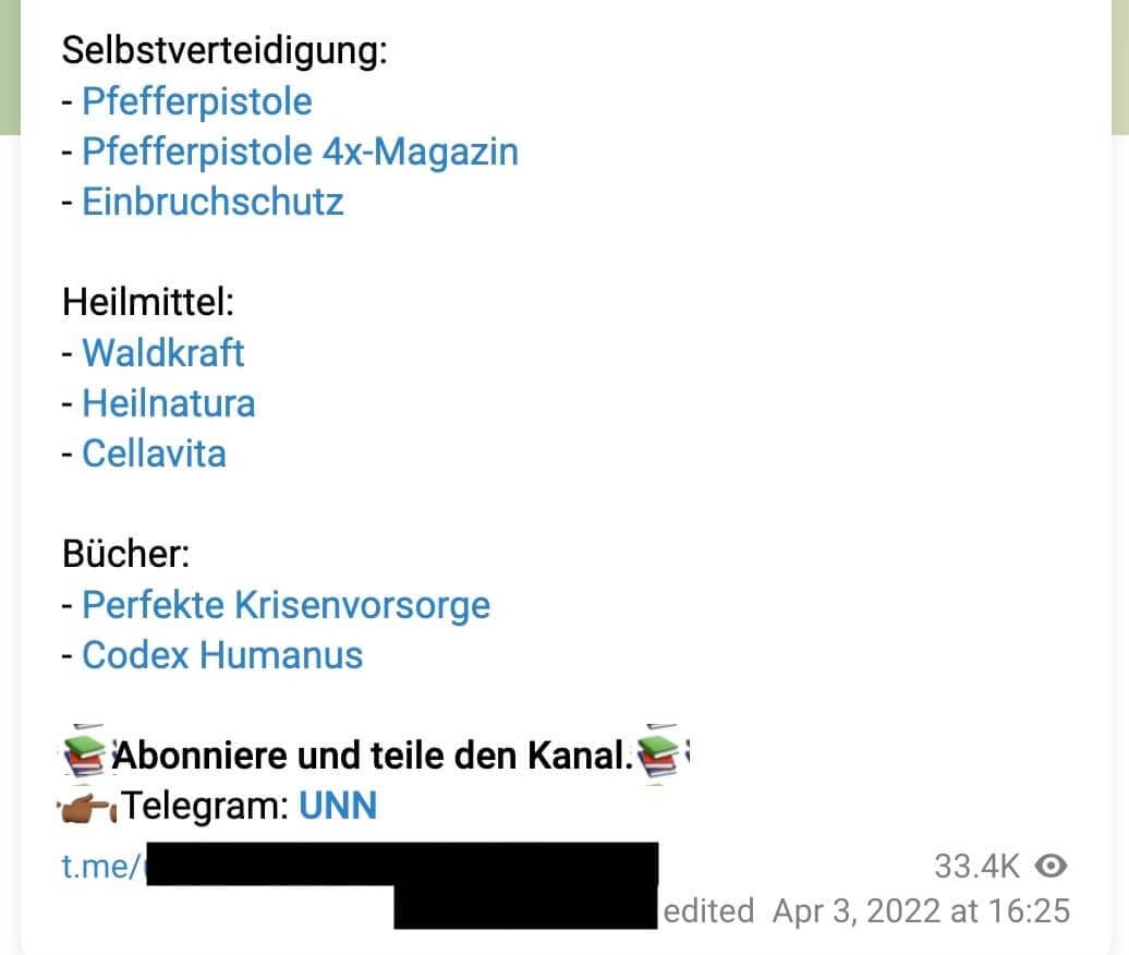 Auszug eines Beitrags, in dem der Telegram-Kanal für Prepper-Produkte wirbt, darunter Pfefferpistolen, aber auch zweifelhafte Gesundheitsprodukte wie Waldkraft (Quelle: Telegram; Screenshot und Schwärzung: CORRECTIV.Faktencheck)