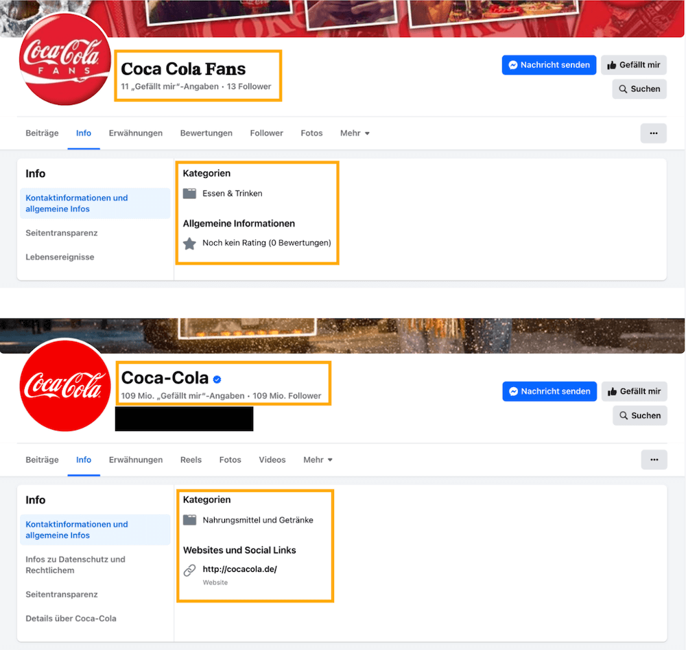 Oben die gefälschte Seite, unten das Original mit Kontaktinformationen (Quelle: Facebook; Screenshot, Schwärzung und Collage: CORRECTIV.Faktencheck)