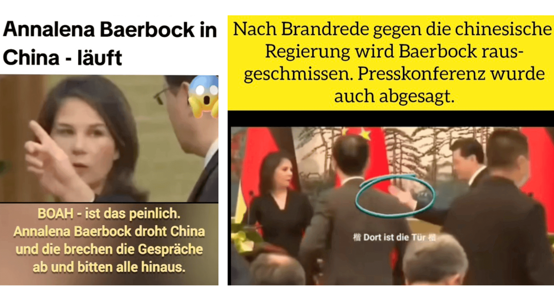 Links ein Screenshot des Videos mit dem Text: „Annalena Baerbock droht China und die brechen die Gespräche ab und bitten alle hinaus.“ Rechts ein Screenshot mit dem Text: „ach Brandrede gegen die chinesische Regierung wird Baerbock rausgeschmissen. Pressekonferenz wurde auch abgesagt.“