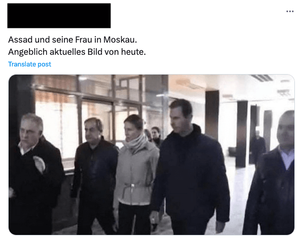 Anders als behauptet, ist das Bild nicht aktuell und zeigt Assad 2023 in Syrien (Quelle: X; Screenshot und Unkenntlichmachung: CORRECTIV.Faktencheck)