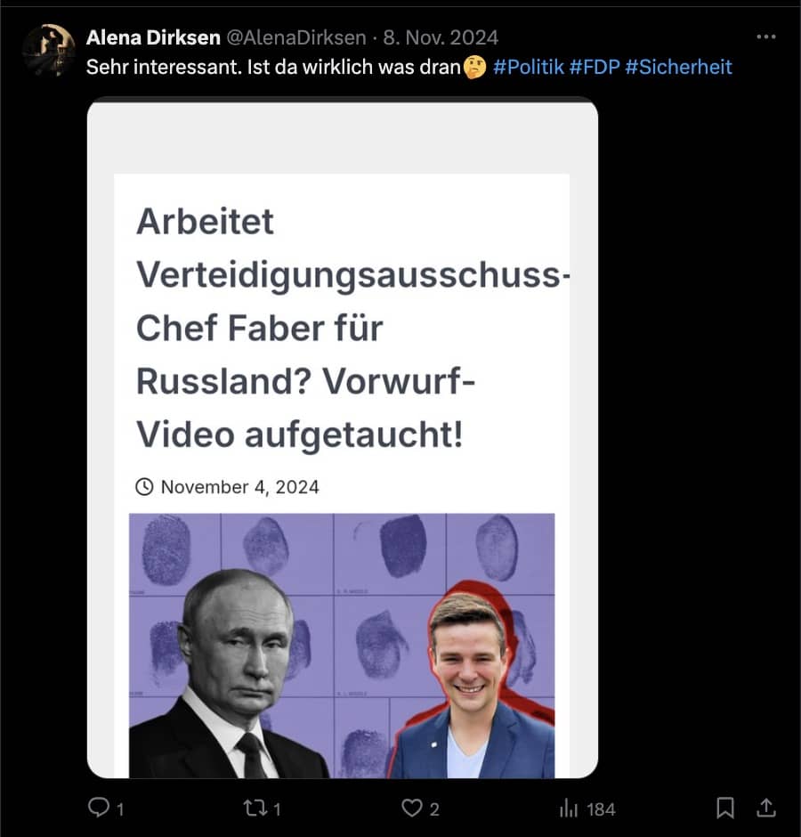 Tweet von „Alena Dirksen“: Arbeitet Verteidigungsausschuss-Chef Faber für Russland? Dazu ein Screenshot der Webseite Andere Meinung. 