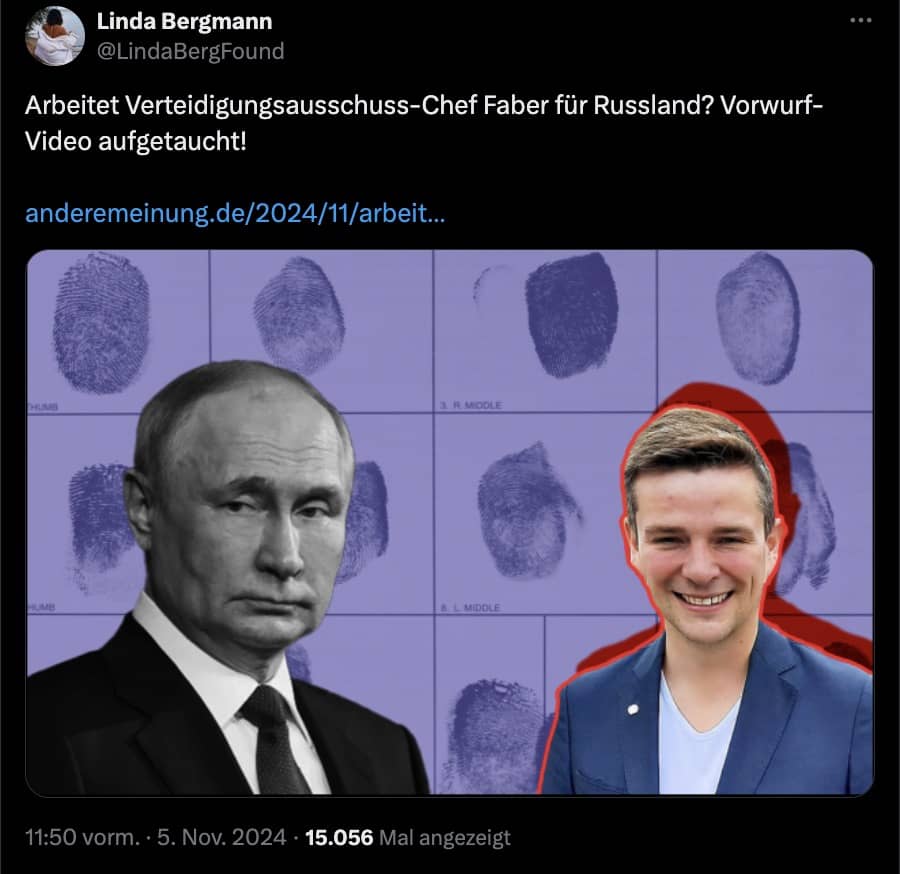 Tweet von „Linda Bergmann“: Arbeitet Verteidigungsausschuss-Chef Faber für Russland? Dazu ein Link zur Webseite Andere Meinung. 