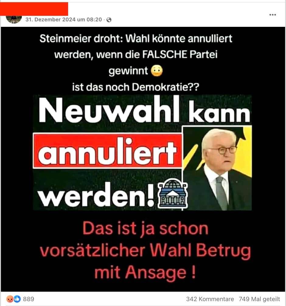 Facebook-Beitrag mit dem Text „Neuwahl kann annulliert werden!“ und dem Foto von Steinmeier daneben.