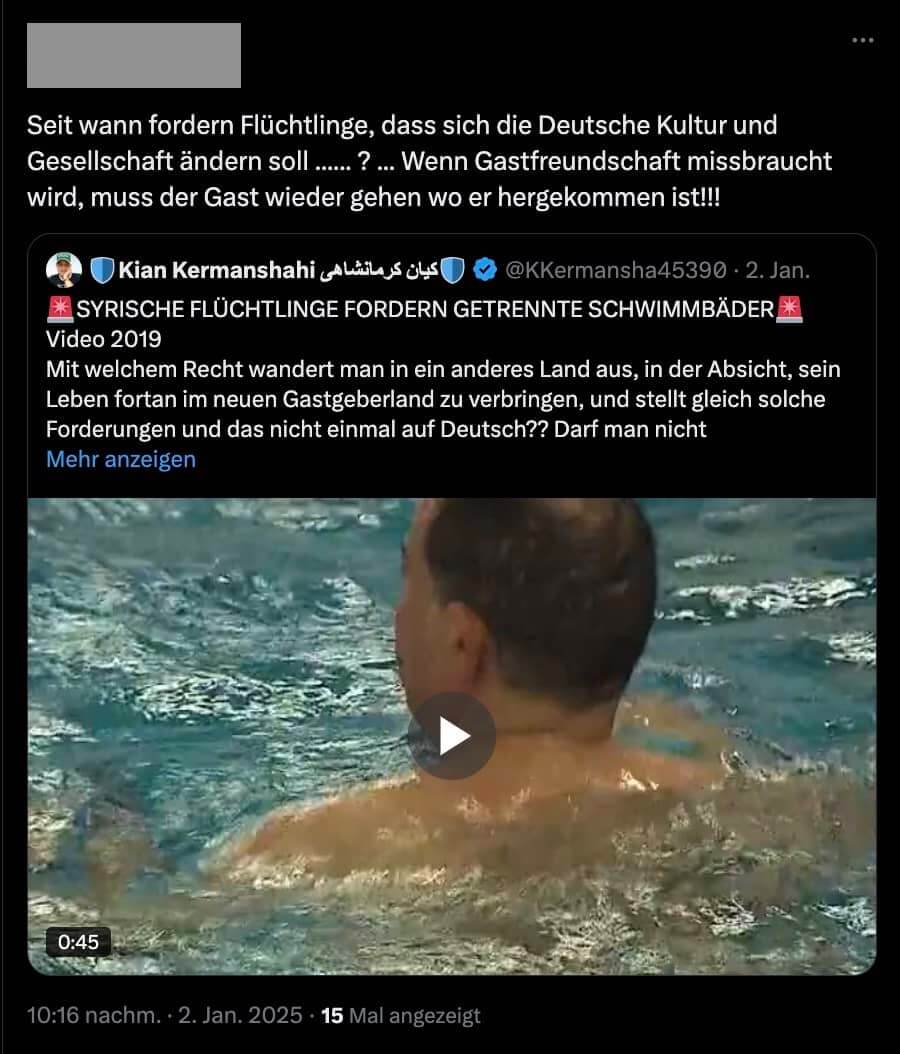 Nutzer kommentiert den Beitrag mit der Überschrift „Syrische Flüchtlinge fordern getrennte Schwimmbäder“