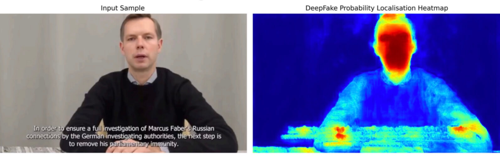 Die KI-Analyse zeigt roter Flächen im Gesicht des angeblichen Zeugen, sogenannte technische Artefakte